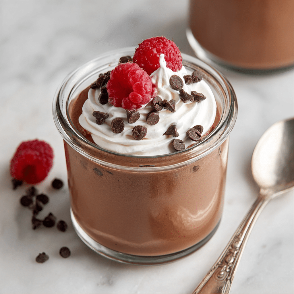 3 ingredient chocolate mousse cottage cheese topped with whipped cream, raspberry, and chocolate chips