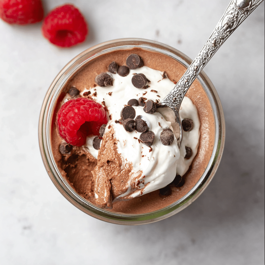 Top-down view of 3 ingredient chocolate mousse cottage cheese with spoon, raspberry, whipped cream, and chocolate chips