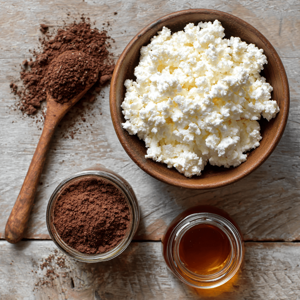 Ingredients for 3 ingredient chocolate mousse cottage cheese: full-fat cottage cheese, cocoa powder, and maple syrup