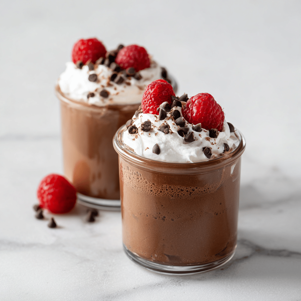 Straight-on view of 3 ingredient chocolate mousse cottage cheese with whipped cream and raspberries