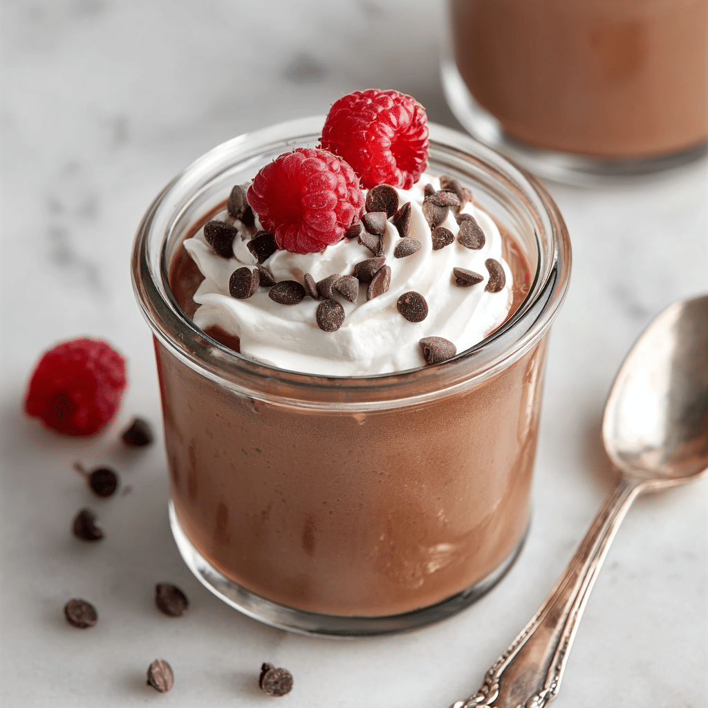 3 ingredient chocolate mousse cottage cheese topped with whipped cream, raspberry
