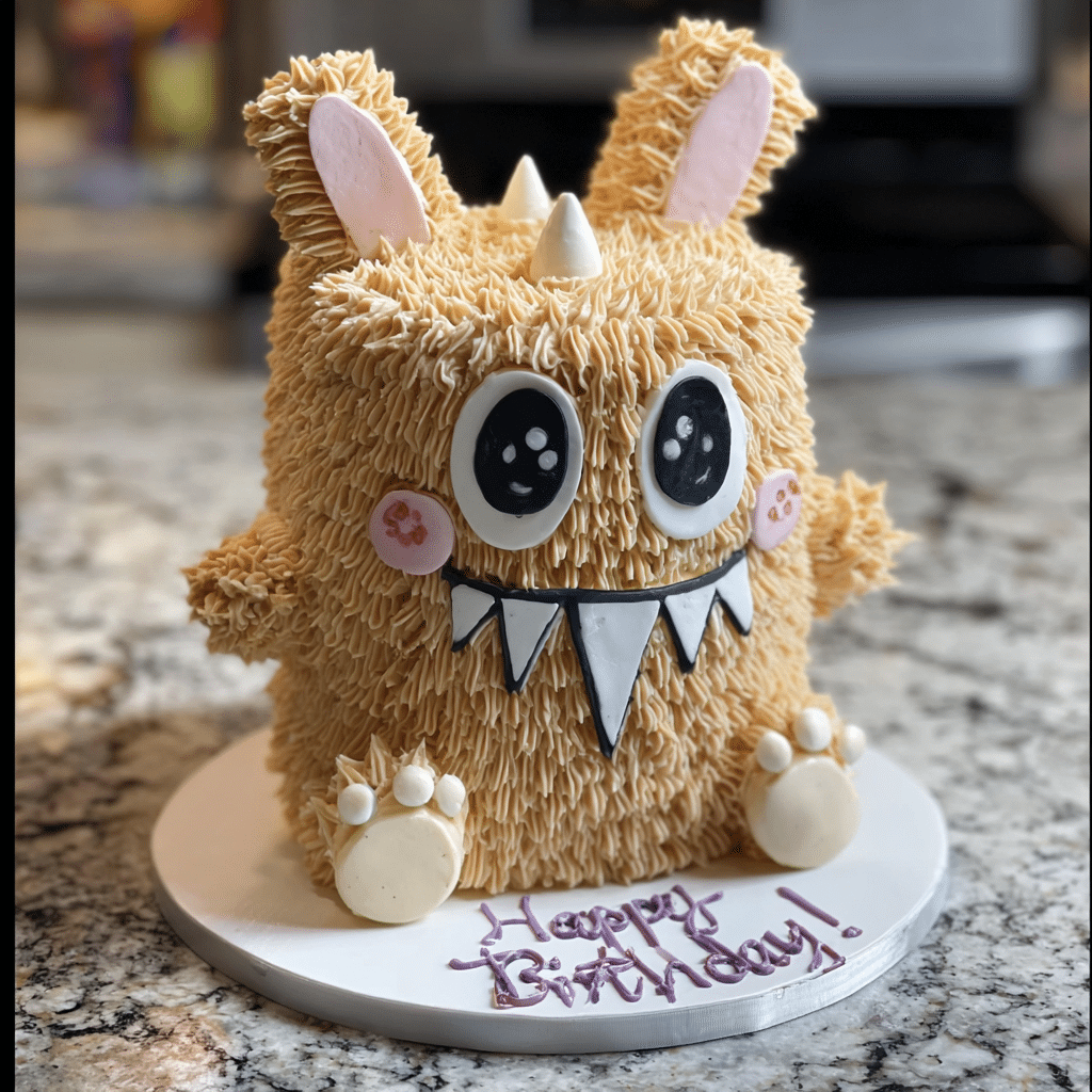 Yellow birthday Labubu ice cream cakes with triangle teeth and message