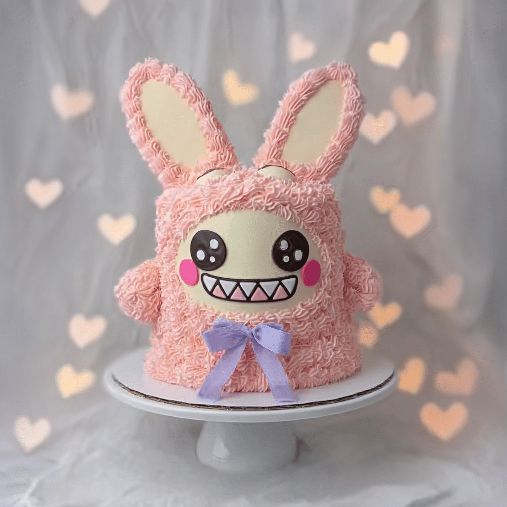 Pink Labubu ice cream cakes with bow and heart bokeh