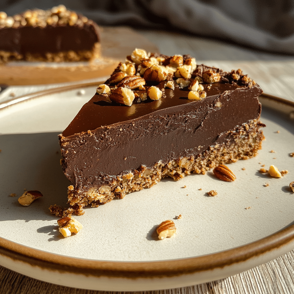 Close-up slice of flourless paleo chocolate torte (no bake)