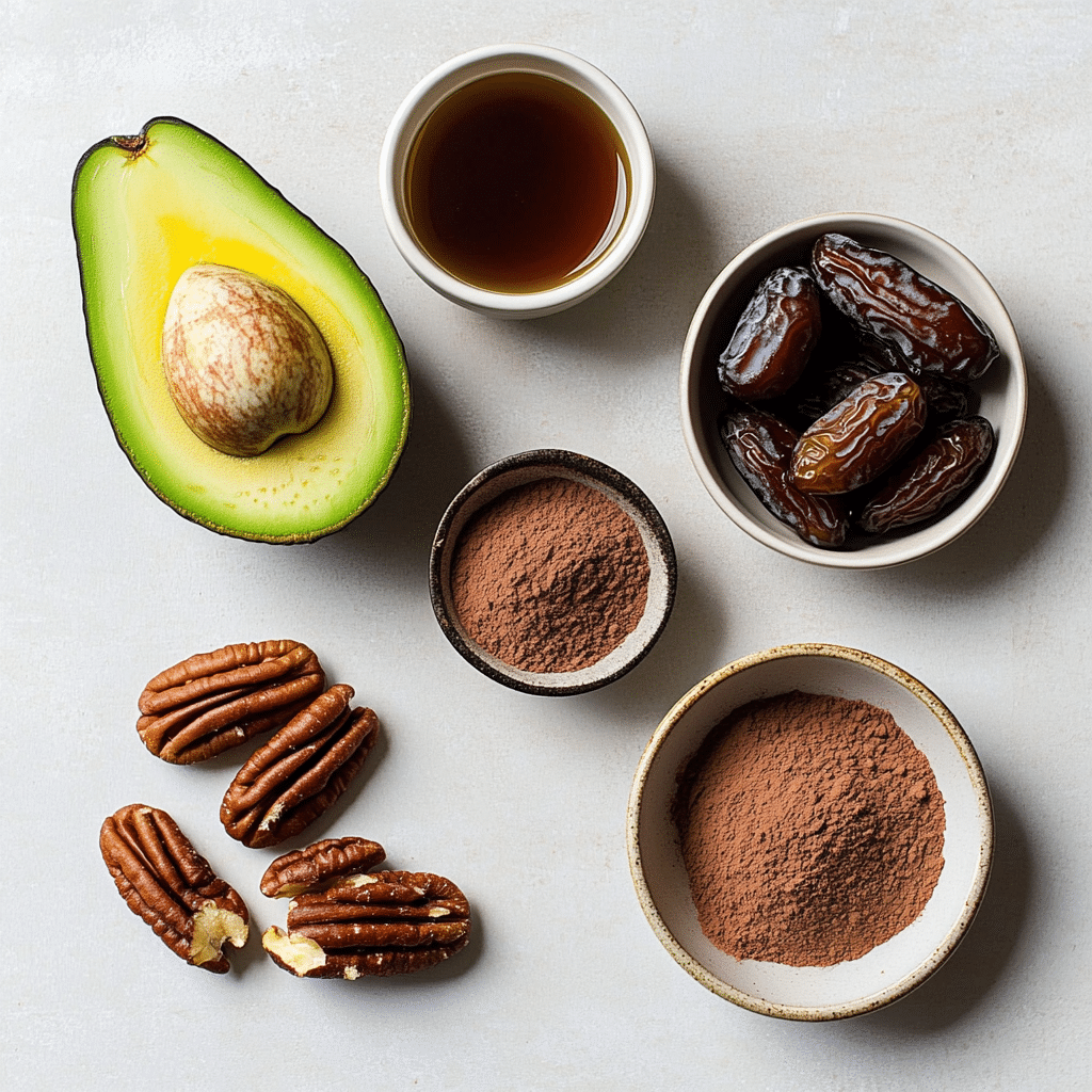 Ingredients for fudgy flourless avocado brownies paleo