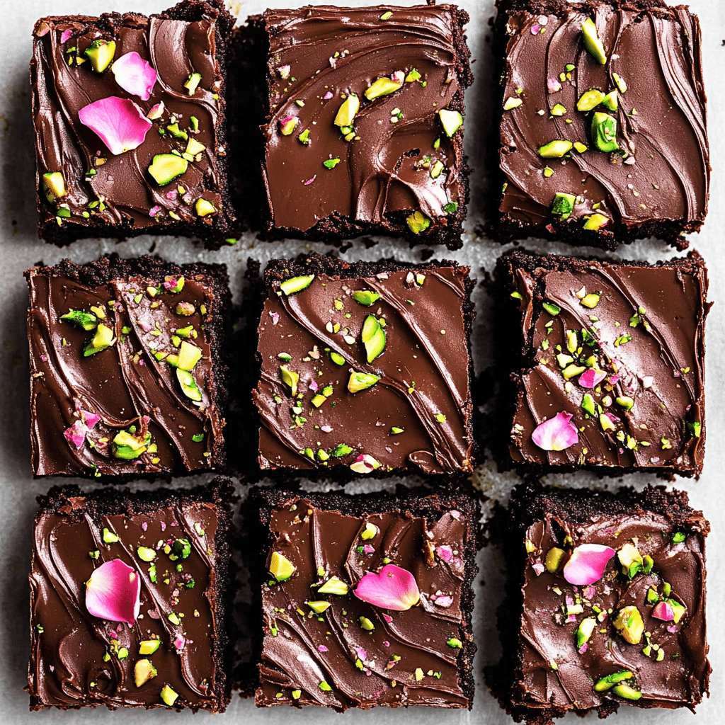 Grid of fudgy flourless avocado brownies (paleo) with frosting
