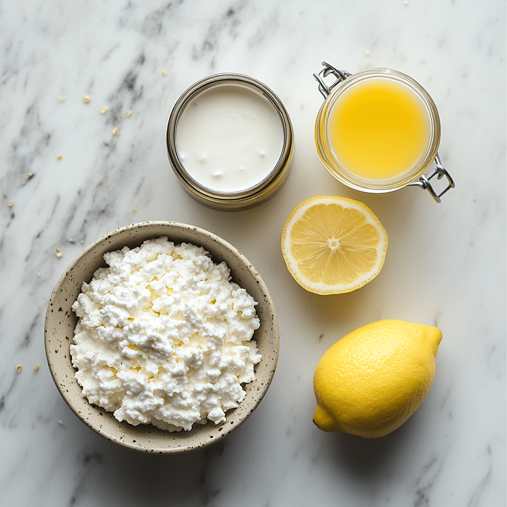 Ingredients for 3 ingredient no bake cottage cheese cheesecake