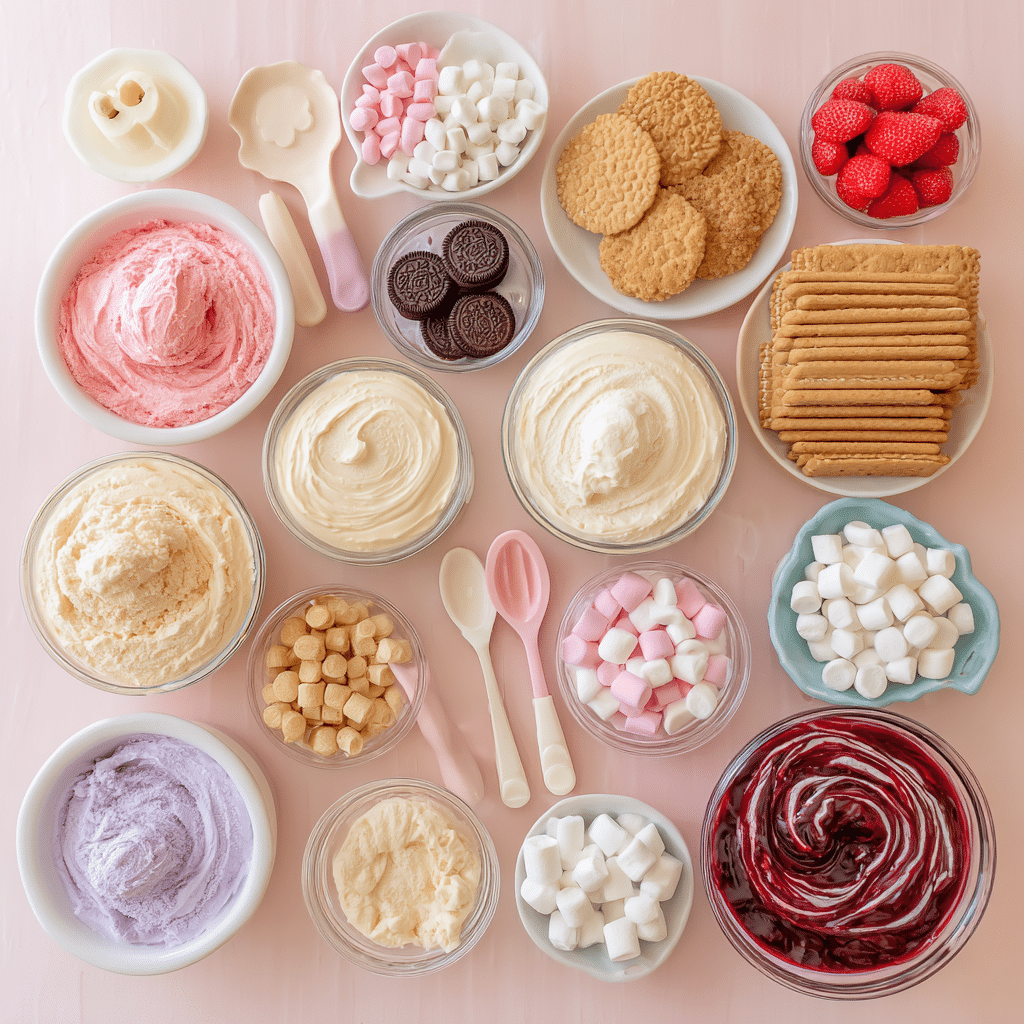 Ingredients for Labubu ice cream cake on pastel background