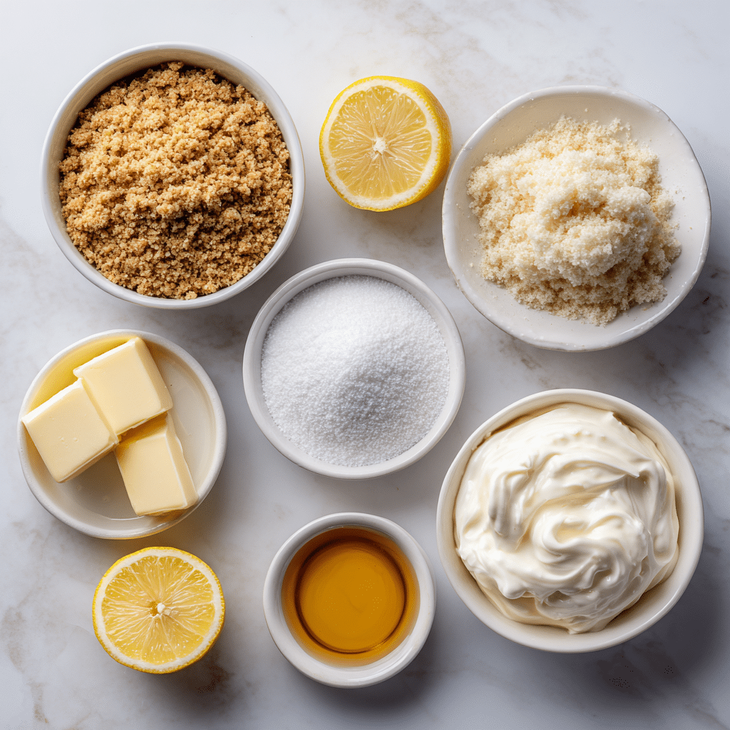 Ingredients for no-bake lazy day lemon cream pie bars on marble counter