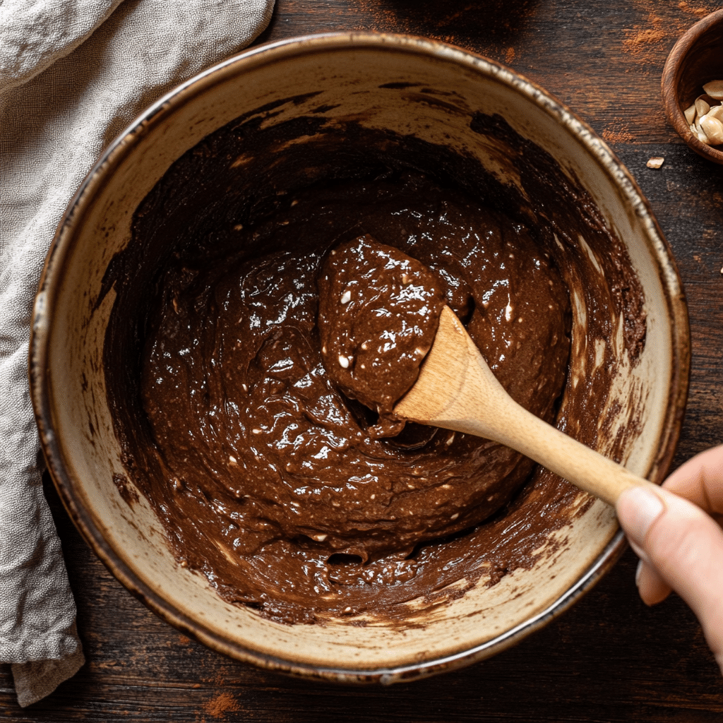 mixing no-bake cottage cheese brownie batter bites