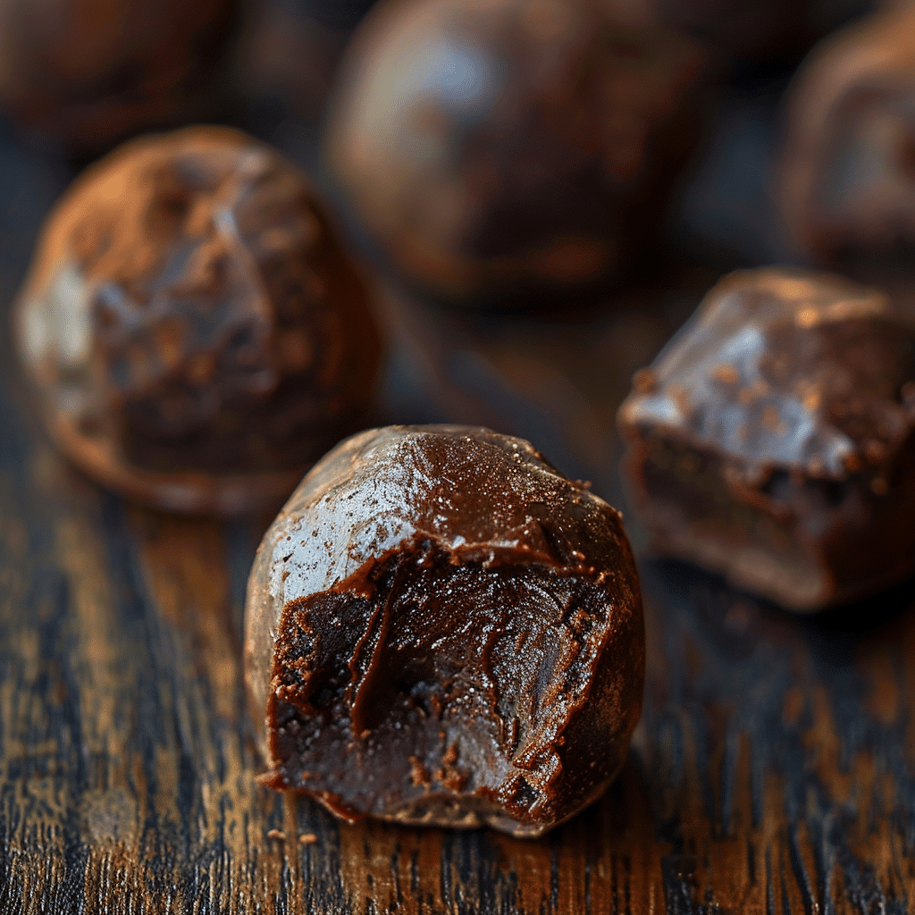 No bake brownie bites with rough chocolate texture on dark wood