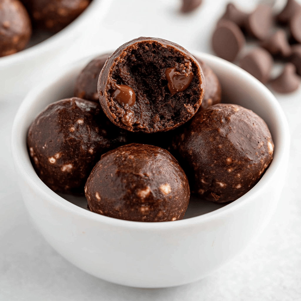 no-bake cottage cheese brownie bites with almonds and chocolate chips