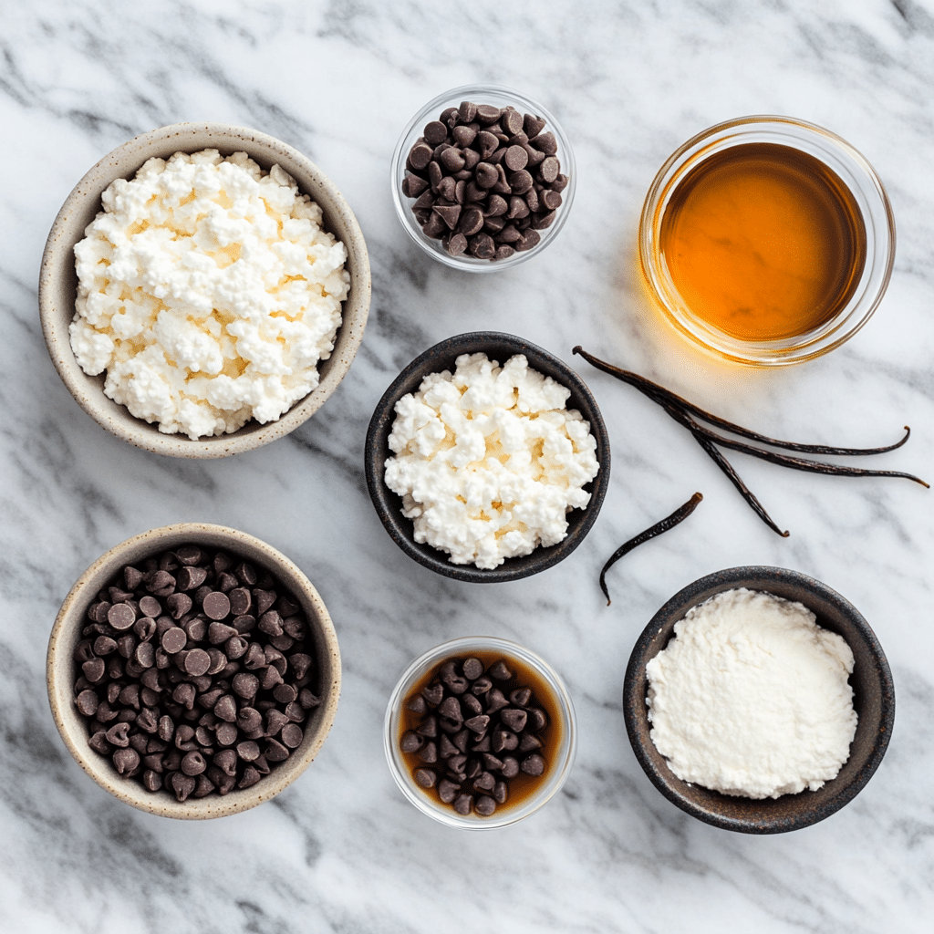 ingredients for no bake cottage cheese protein balls laid out in bowls