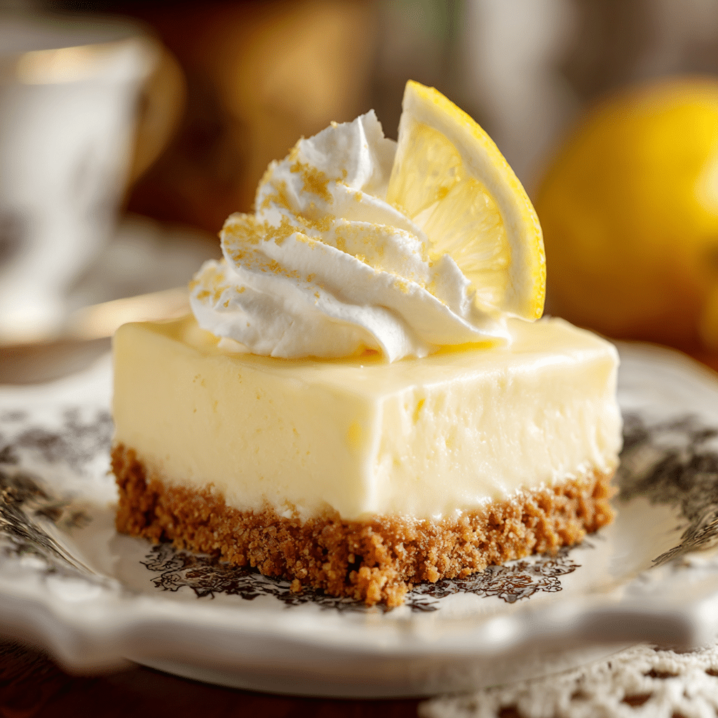 Close-up of no bake lemon cheesecake bar with whipped cream