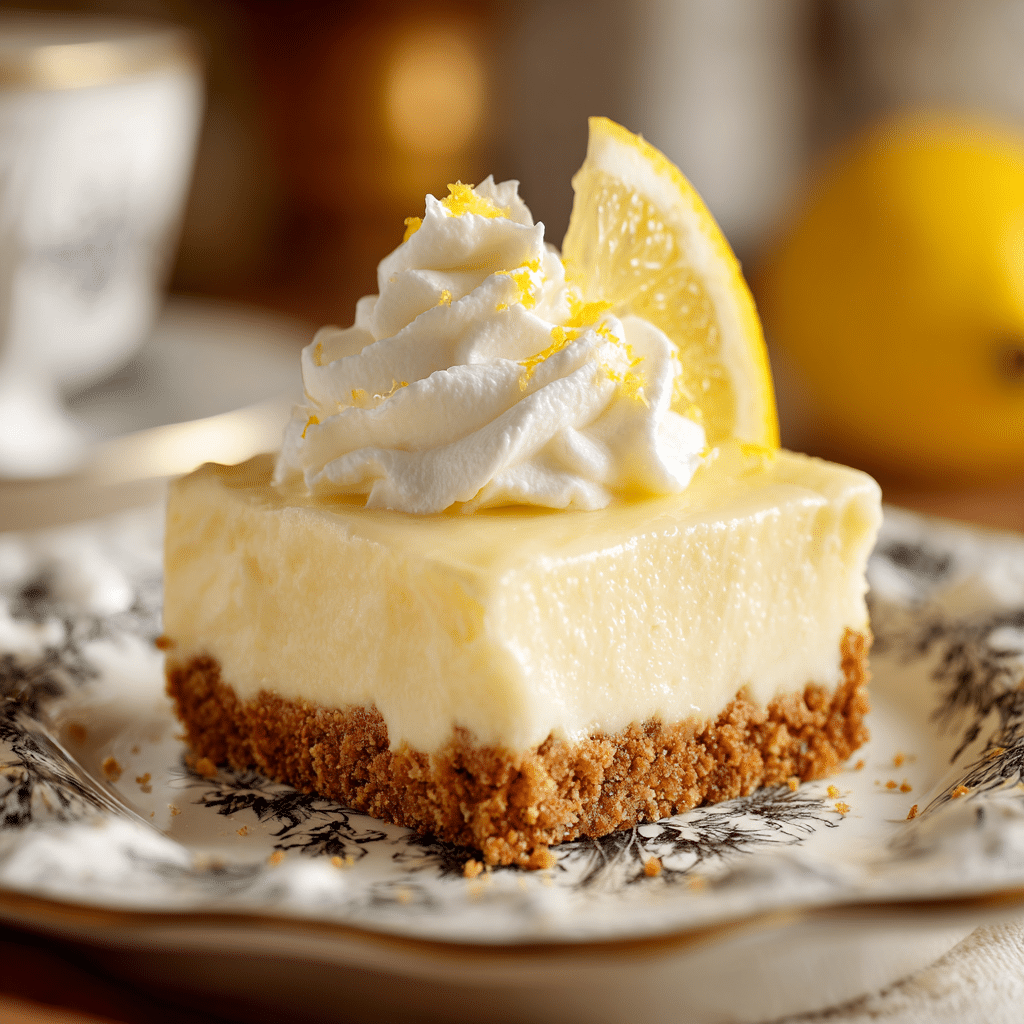 Close-up of no bake lemon cheesecake bars with whipped cream and lemon slice