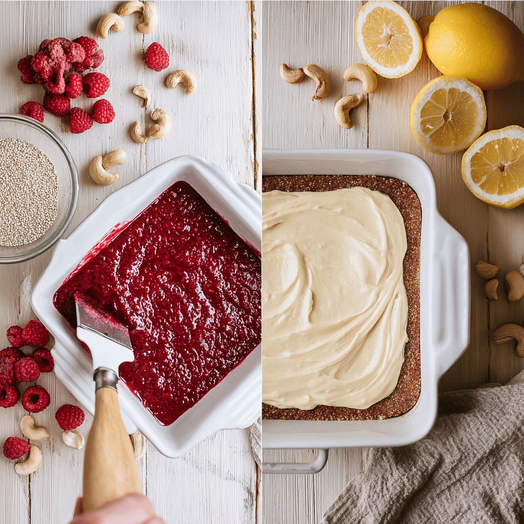 Assembling no bake lemon raspberry bars step-by-step