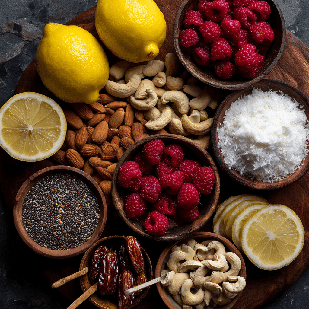 Ingredients for no bake lemon raspberry bars in small bowls