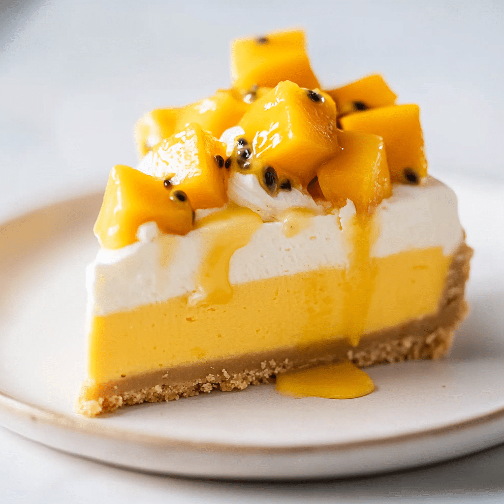Overhead view of mango cheesecake slice topped with whipped cream and fresh fruit