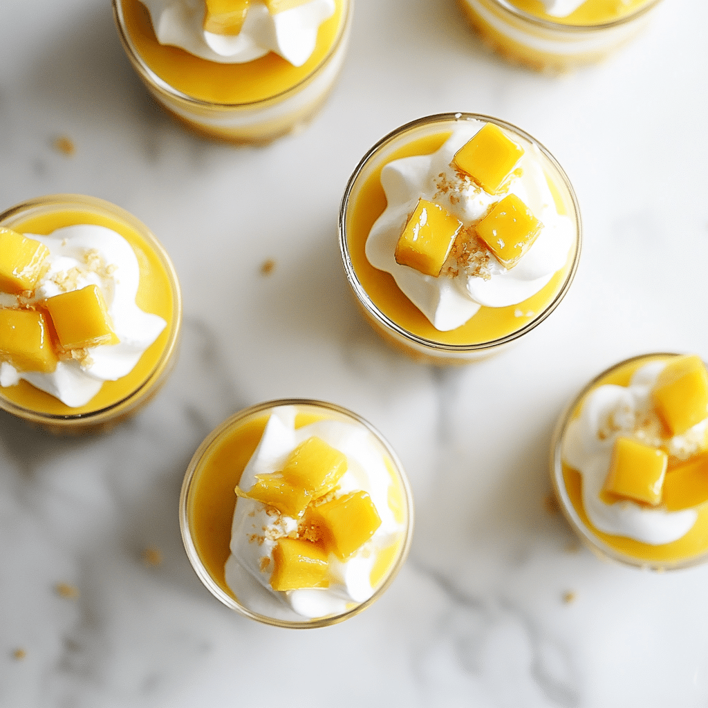 no bake mango cheesecake cups served in glass