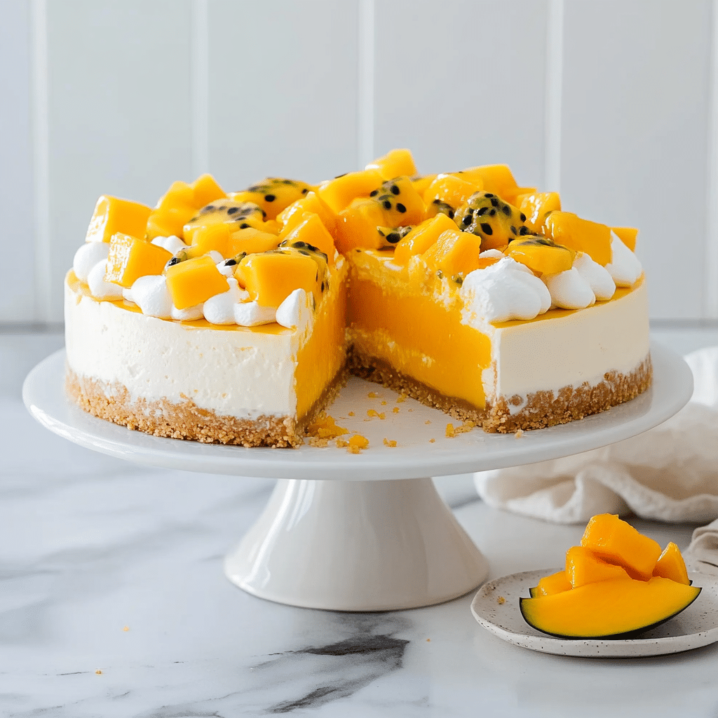 Whole No-Bake Mango Cheesecake on stand with whipped topping and fruit