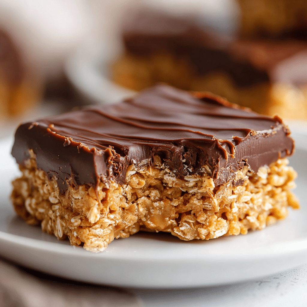 Close-up of a no bake peanut butter and oatmeal bars with a bite taken