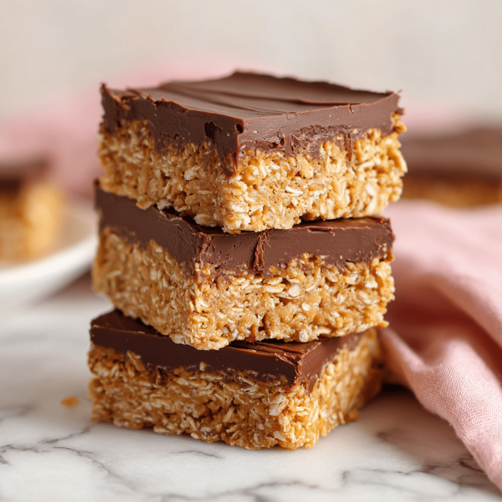 Stack of no bake peanut butter and oatmeal bars with chocolate topping