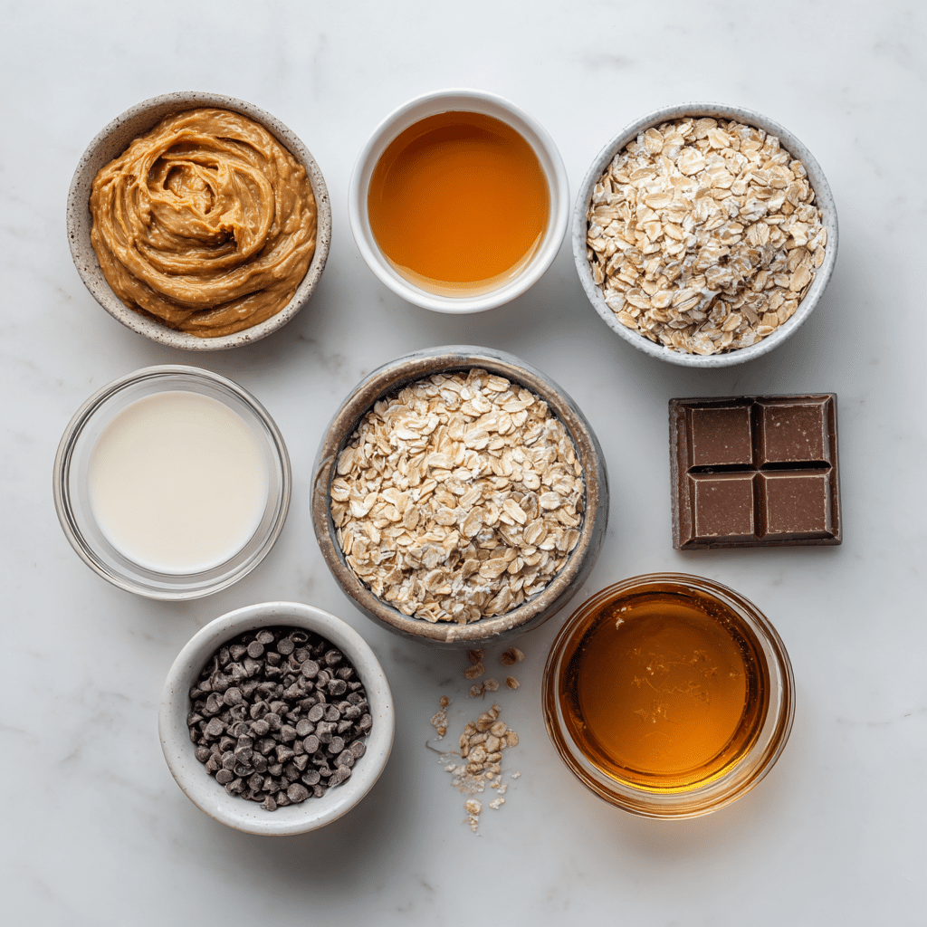 Ingredients for no bake peanut butter and oatmeal bars