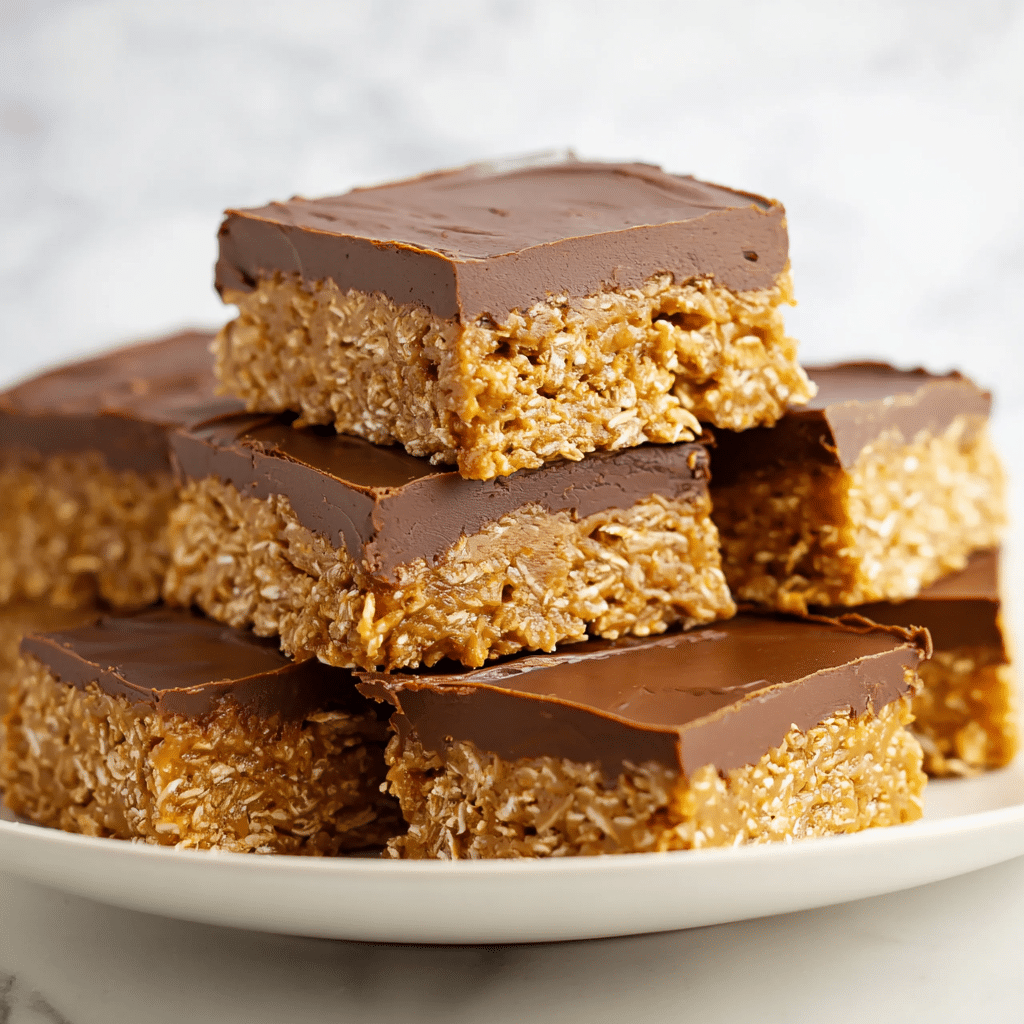 No bake peanut butter and oatmeal bars stacked with chocolate topping