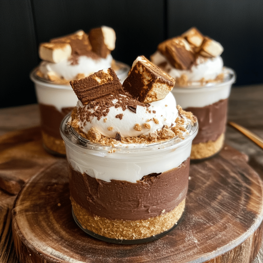 No Bake S’mores Cheesecake Cup With Cottage Cheese in a jar topped with marshmallow