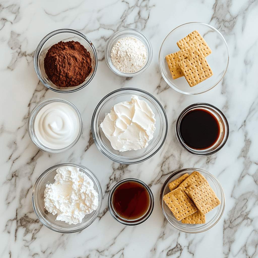 Ingredients for No Bake S’mores Cheesecake Cup With Cottage Cheese laid out in glass bowls