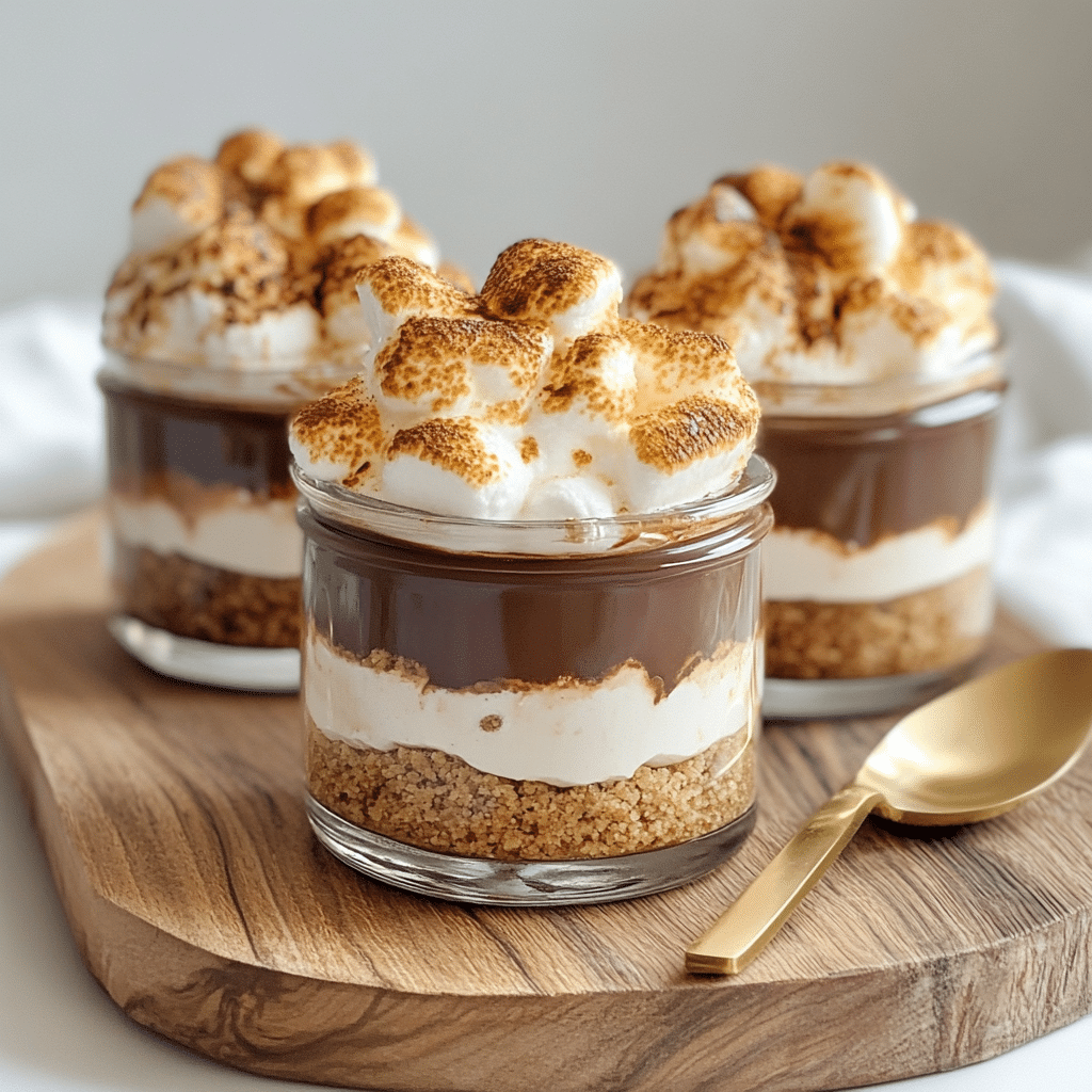 No Bake S’mores Cheesecake Cup With Cottage Cheese in a jar topped with toasted marshmallow