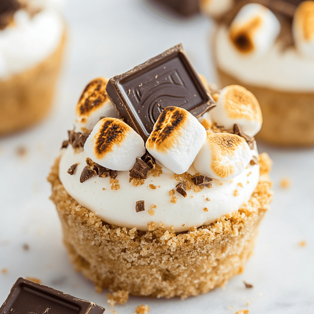 no bake S’mores cheesecake cups with toasted marshmallows and chocolate