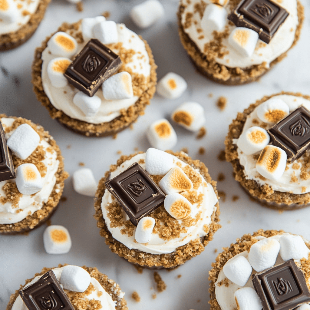 top-down view of no bake S’mores cheesecake cups with toasted marshmallows