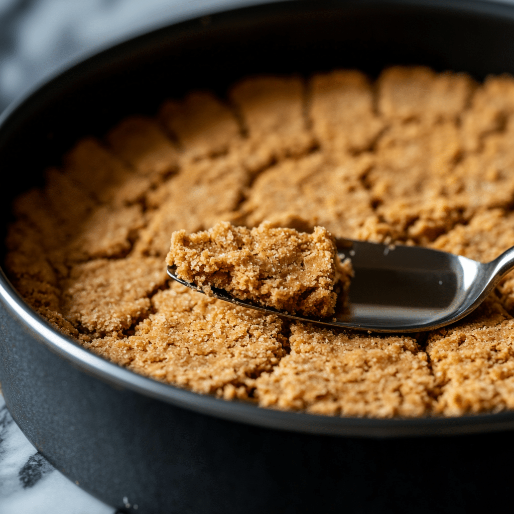 Pressing biscuit crust into pan for mango cheesecake