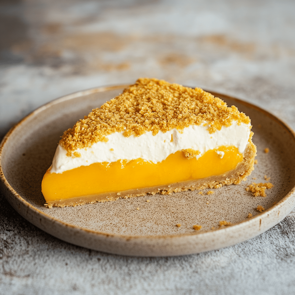 Slice of no-bake upside-down mango cheesecake with biscuit crust on top