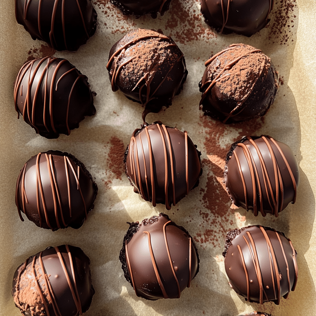 Overhead shot of chocolate-covered paleo protein brownie bites