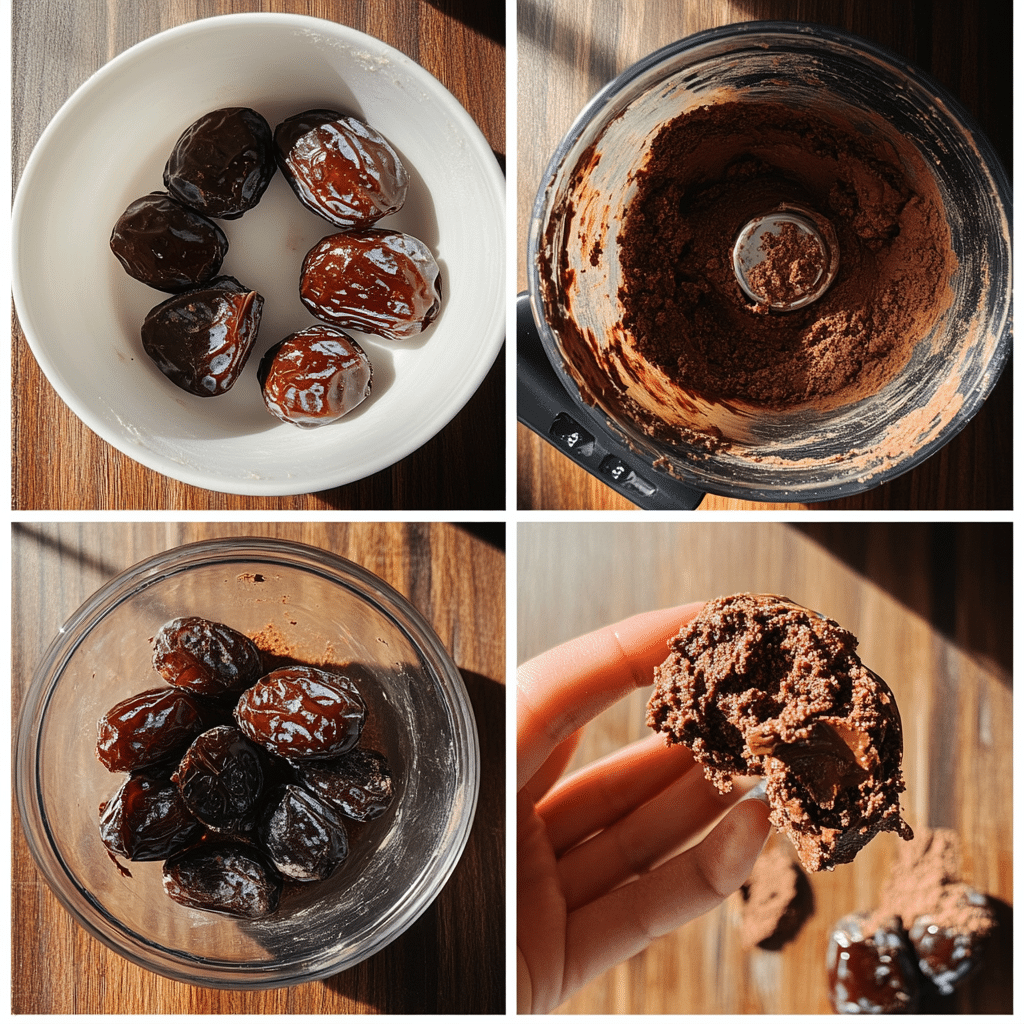 Step-by-step prep for paleo protein brownie bites from dates to dough
