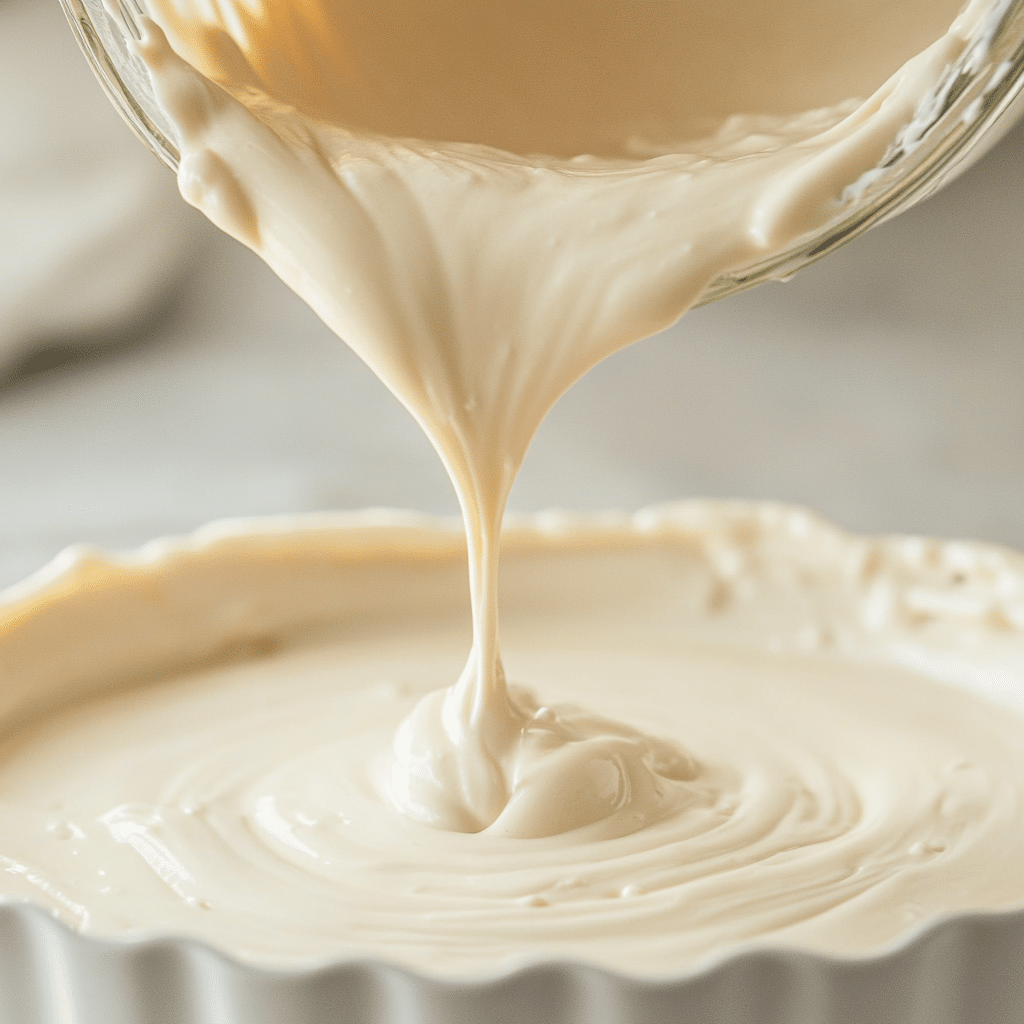 Pouring 3 ingredient no bake cottage cheese cheesecake mixture into dish