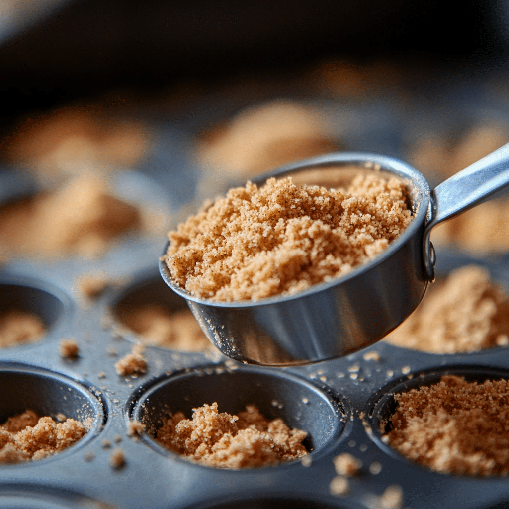 pressing graham cracker crust into muffin pan for no bake S’mores cheesecake cups