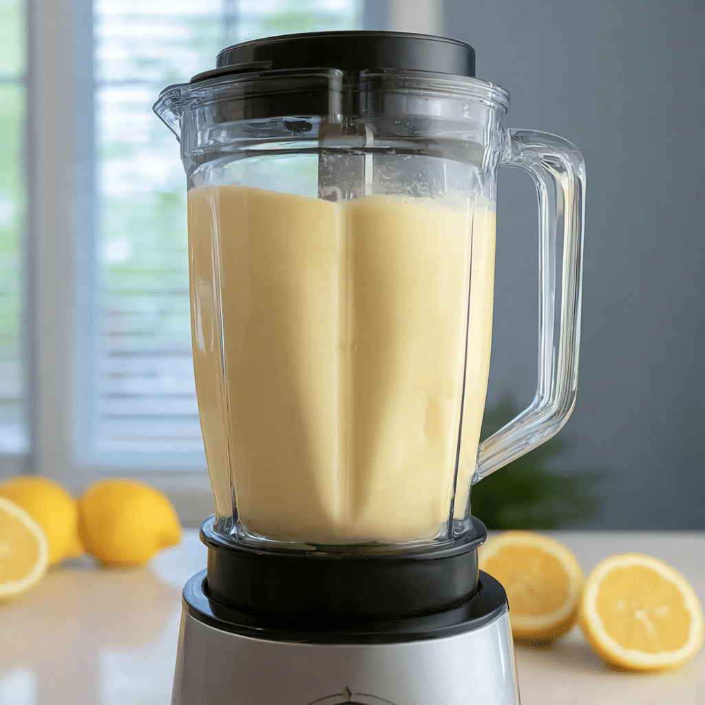 Blending propitious lemon shaped ice cream mixture in a blender