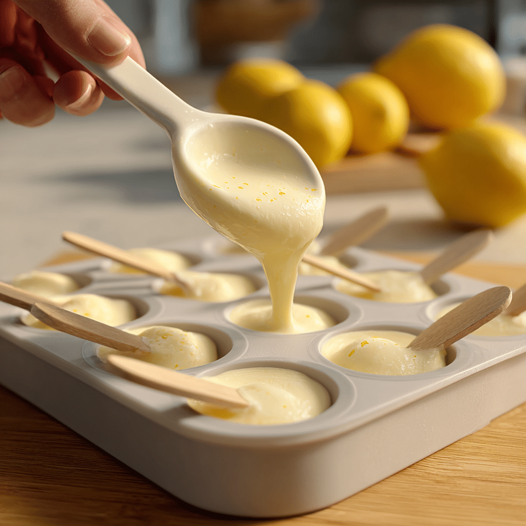 Filling propitious lemon shaped ice cream molds with creamy ice cream base