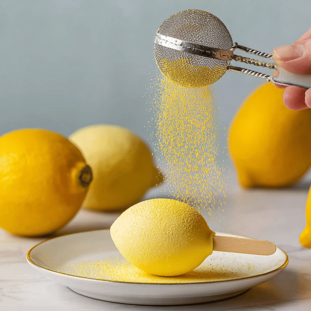 Dusting Propitious lemon shaped ice cream with yellow lemon powder