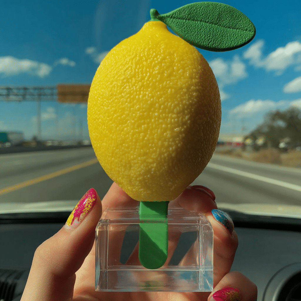 Propitious lemon shaped ice cream in a plastic box held in a car