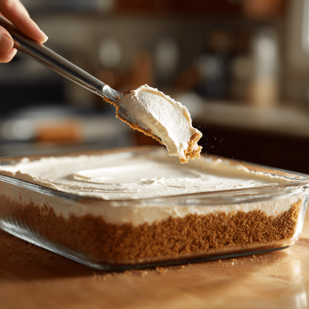 Cream cheese layer being spread on crust for lazy day lemon cream pie bars