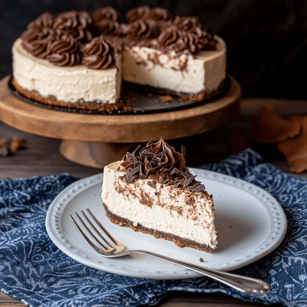 slice of sugar free keto cottage cheese cheesecake with chocolate topping