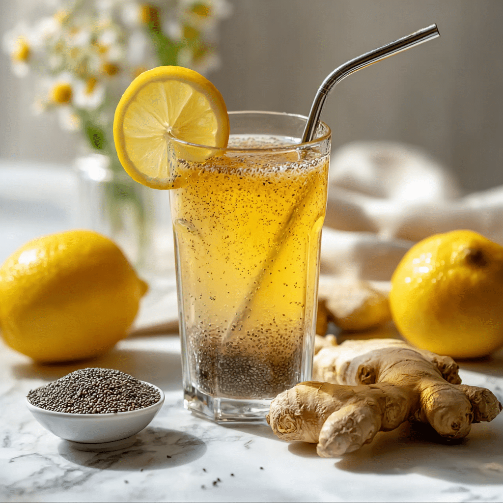 Zepbound drink recipe for weight loss in a tall glass with chia seeds, lemon, and metal straw