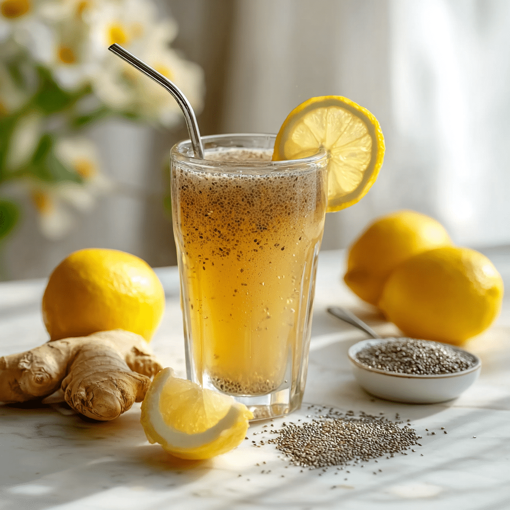 Zepbound drink recipe for weight loss in a glass with chia seeds, lemon, and metal straw