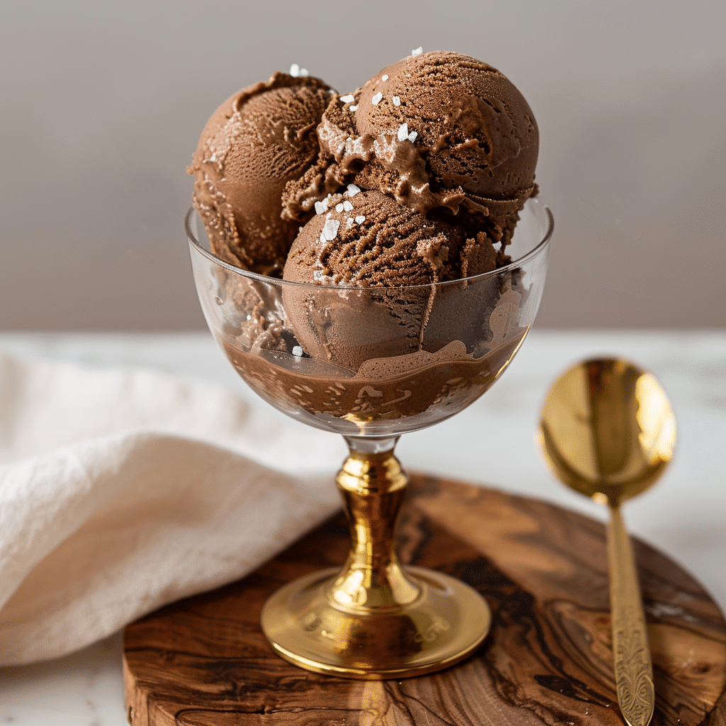 Cottage cheese chocolate ice cream served in gold-rimmed dessert cup