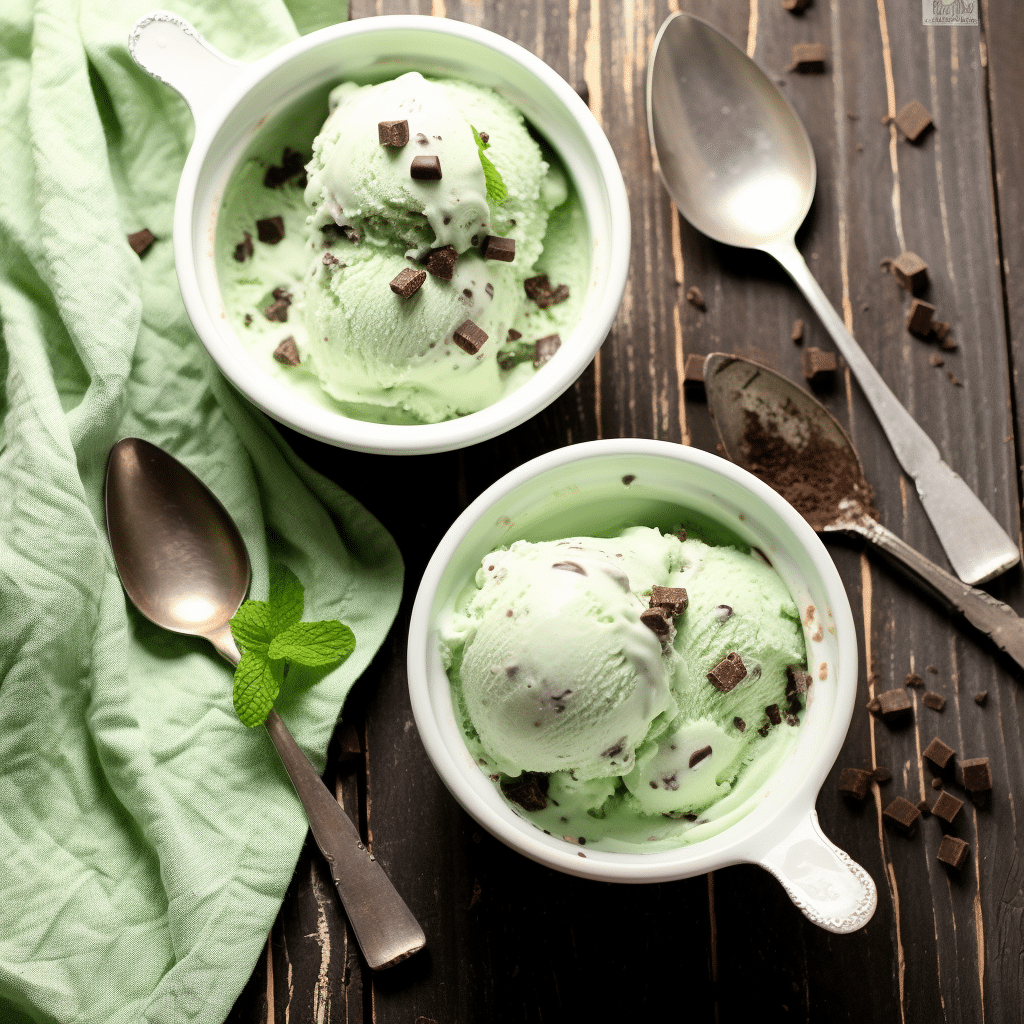 mint chocolate chip cottage cheese ice cream scooped into ramekins with mint garnish
