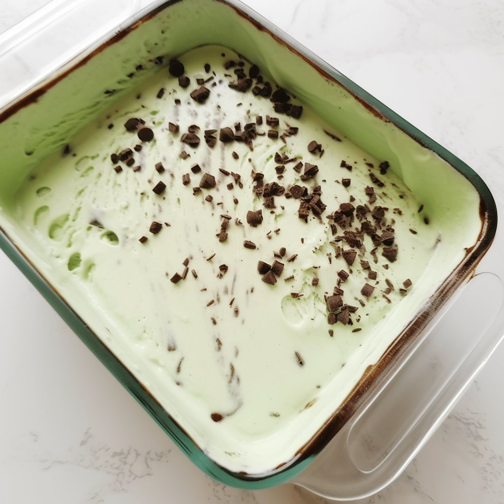 mint chocolate chip cottage cheese ice cream base in glass container before freezing